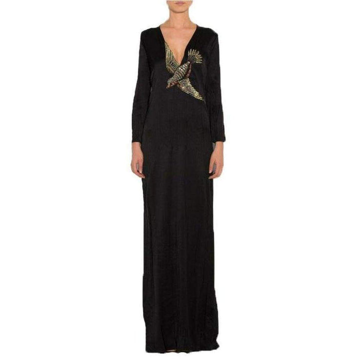 Runway Crystal Bird Embellished Black Silk Gown