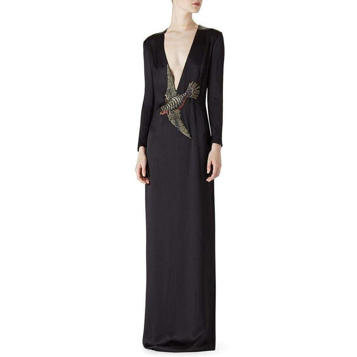 Runway Crystal Bird Embellished Black Silk Gown