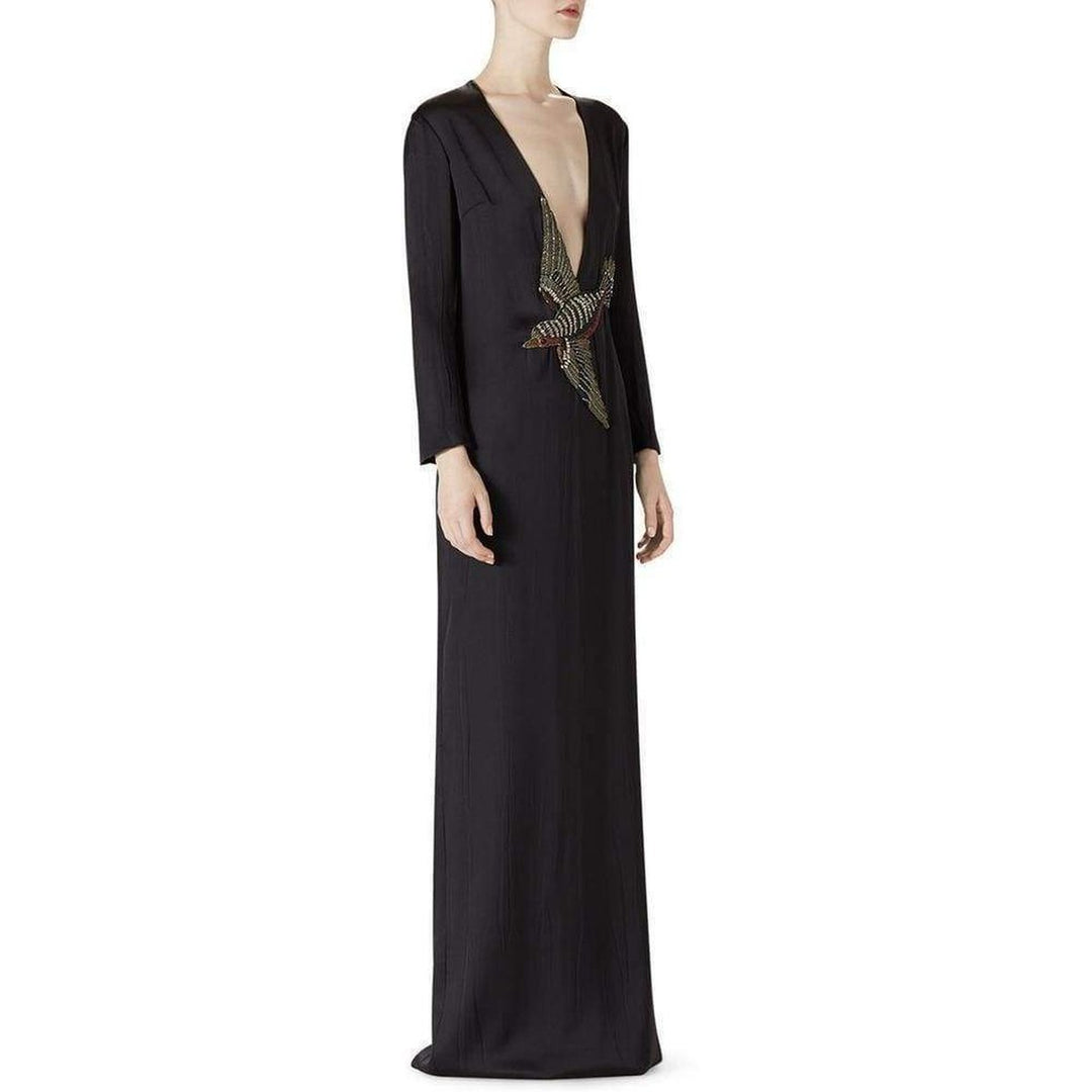 Runway Crystal Bird Embellished Black Silk Gown