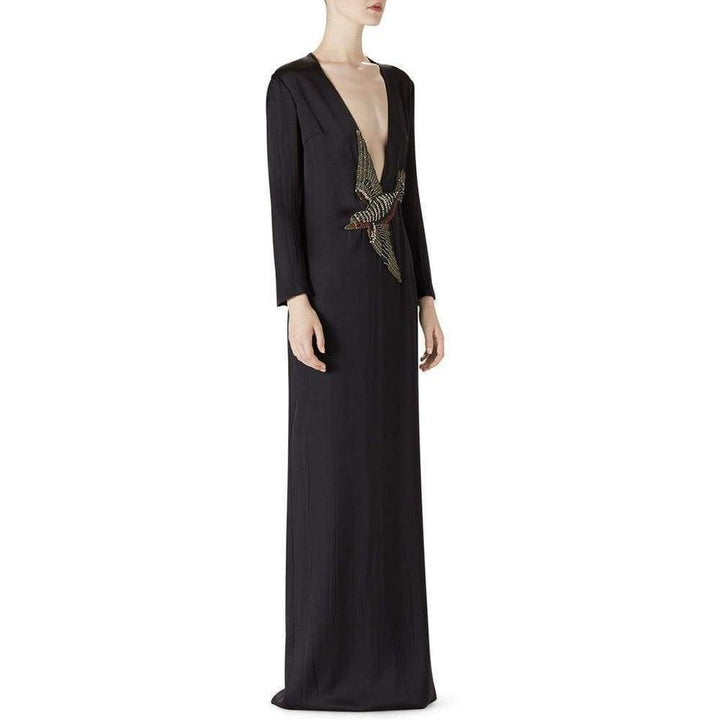 Runway Crystal Bird Embellished Black Silk Gown