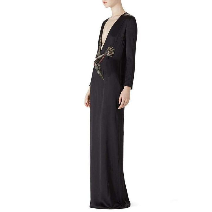 Runway Crystal Bird Embellished Black Silk Gown