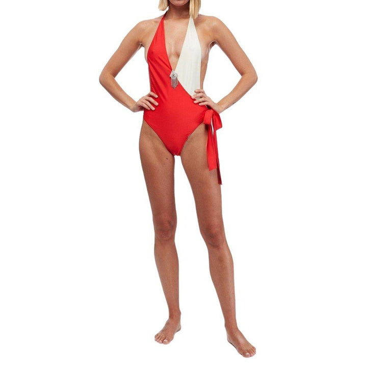 Embellished Colorblocked White & Red Swimsuit