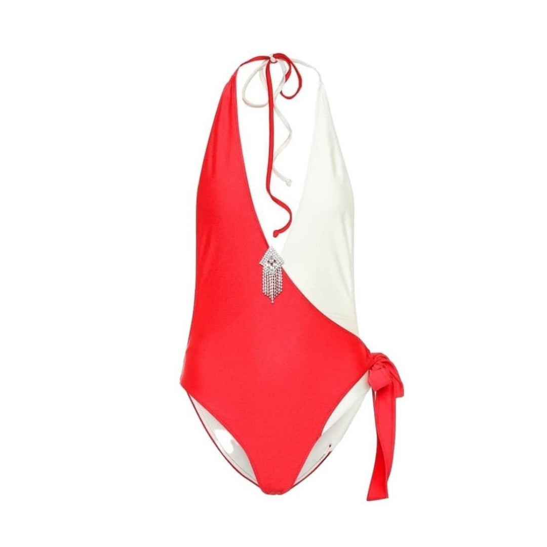 Embellished Colorblocked White & Red Swimsuit