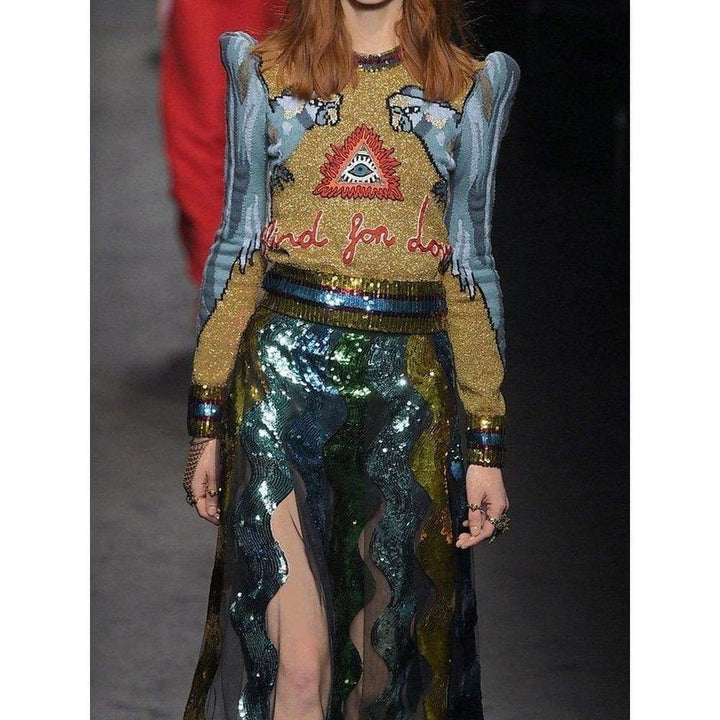 Sequin Embellished Intarsia Knitted Sweater