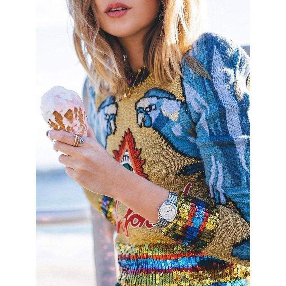 Sequin Embellished Intarsia Knitted Sweater