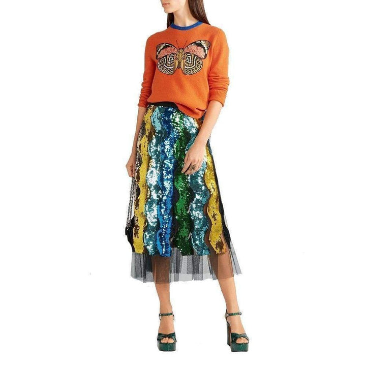 Sequinned Pleated Tulle Midi Skirt