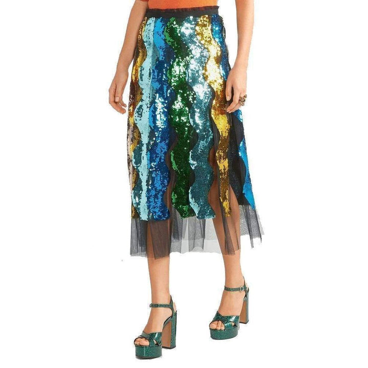 Sequinned Pleated Tulle Midi Skirt