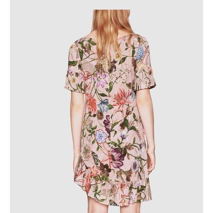 Silk Blooms Floral Print Ruffled Pink Dress