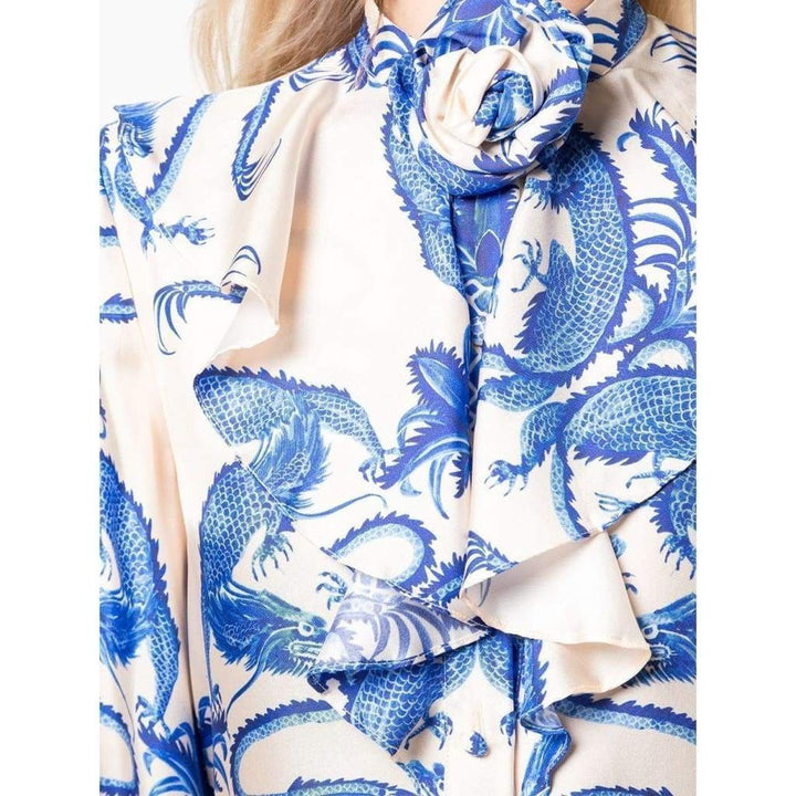 Silk Dragon Print Twill Ruffle Neck Dress