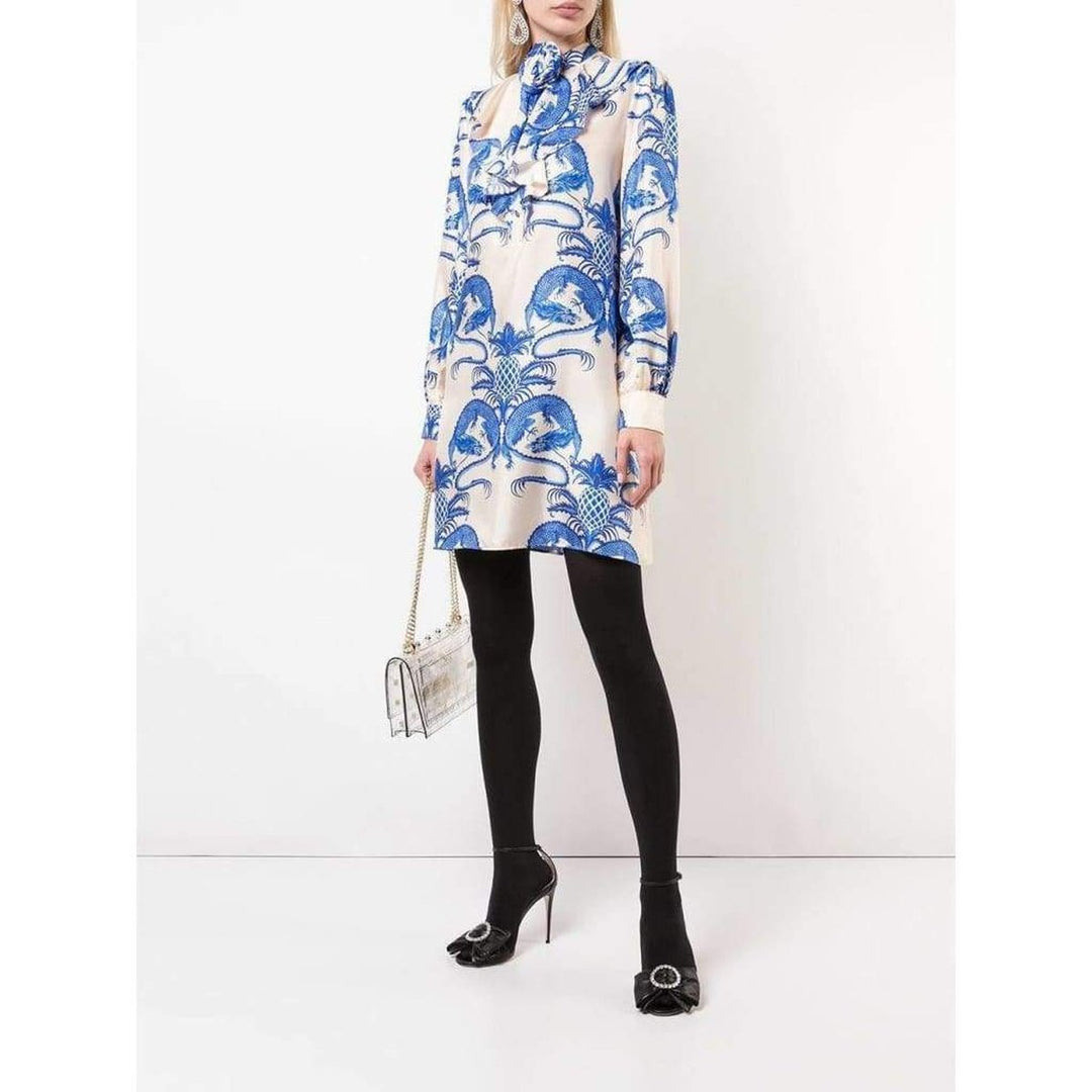 Silk Dragon Print Twill Ruffle Neck Dress
