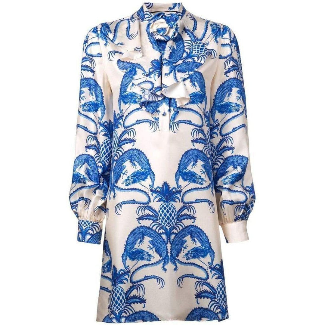 Gucci-Silk Dragon Print Twill Ruffle Neck Dress - Runway Catalog