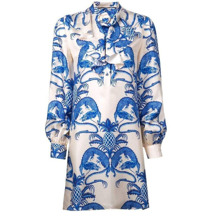 Gucci-Silk Dragon Print Twill Ruffle Neck Dress - Runway Catalog