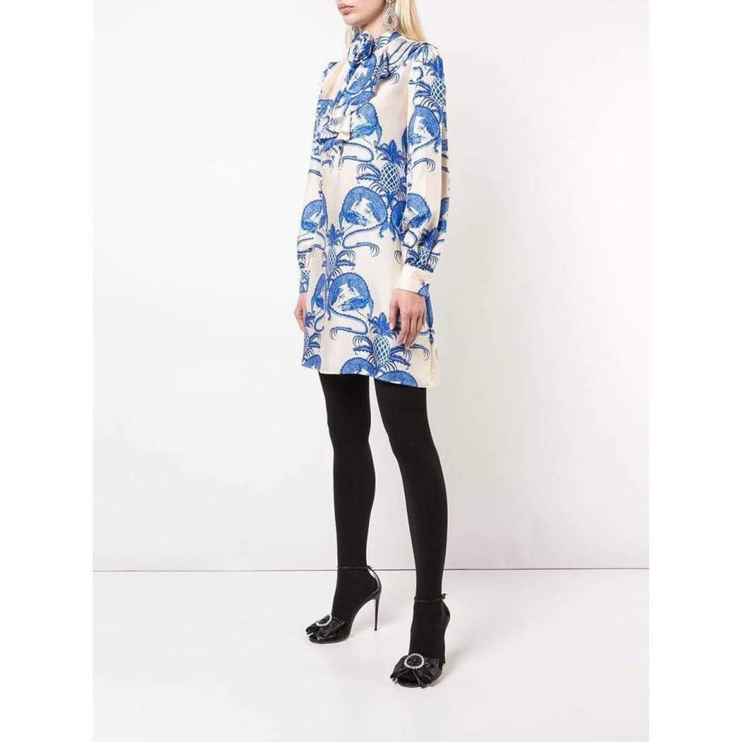 Silk Dragon Print Twill Ruffle Neck Dress