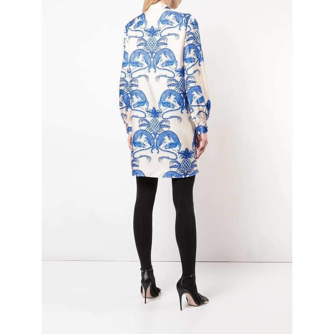 Silk Dragon Print Twill Ruffle Neck Dress