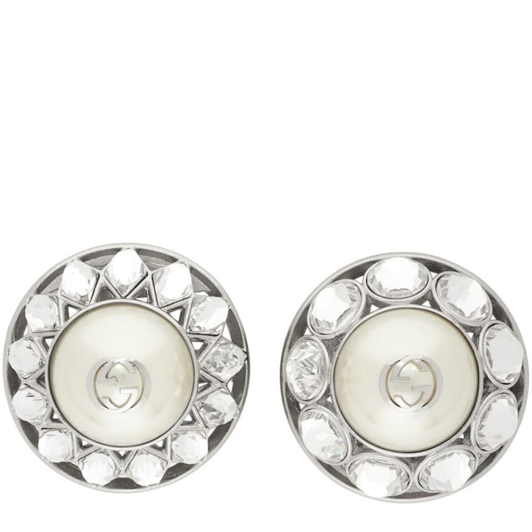 Gucci-Silver Crystal & Pearl Interlocking G Earrings - Runway Catalog