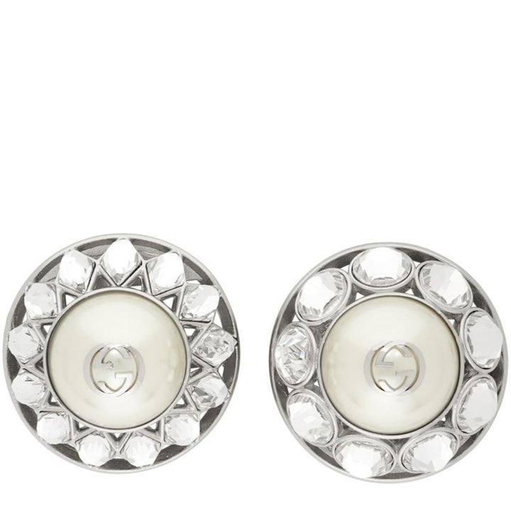 Gucci-Silver Crystal & Pearl Interlocking G Earrings - Runway Catalog