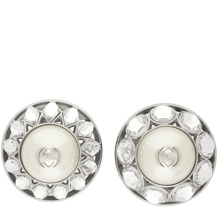 Gucci-Silver Crystal & Pearl Interlocking G Earrings - Runway Catalog