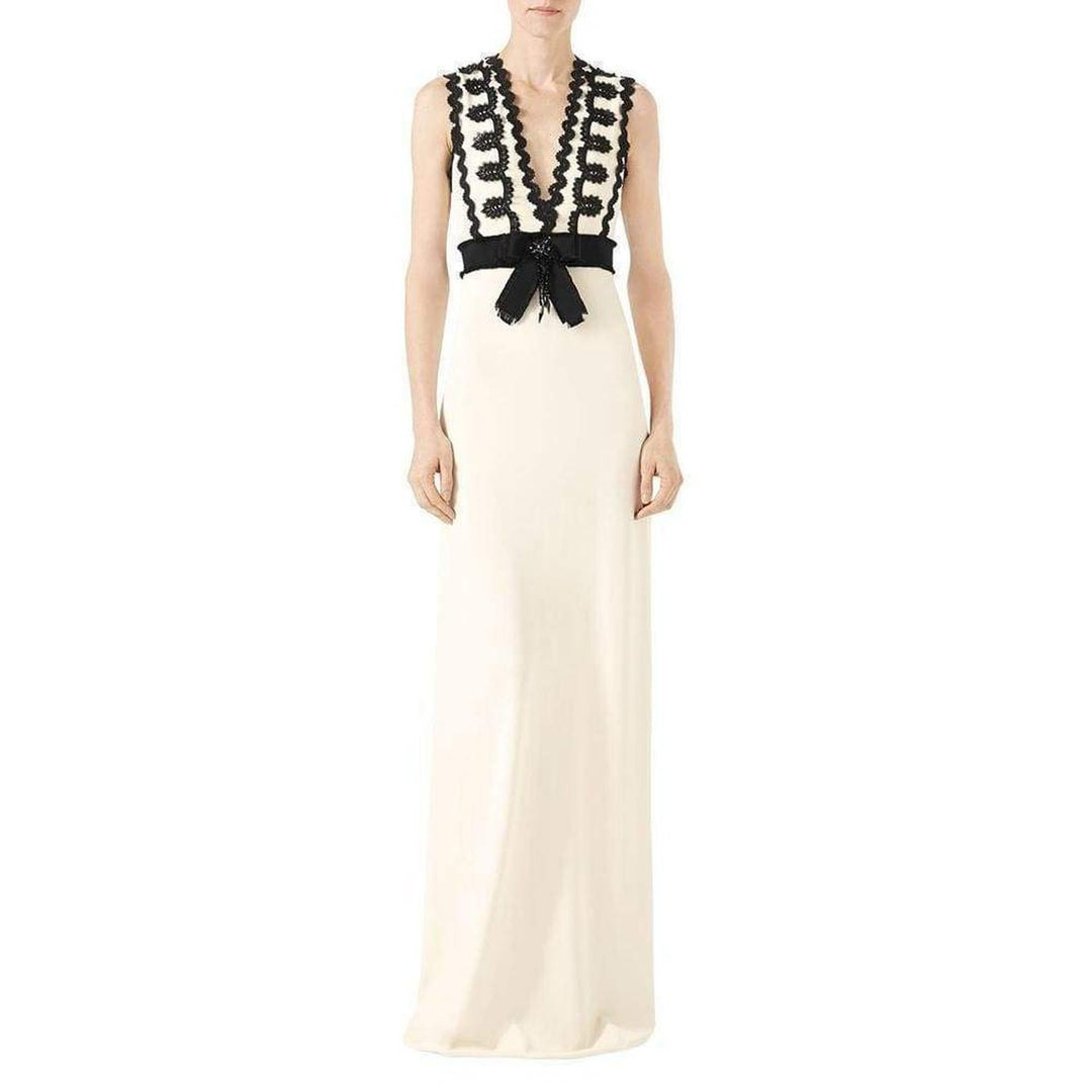 Gucci-Sleeveless Jersey V-Neck Gown with Lace Trim - Runway Catalog