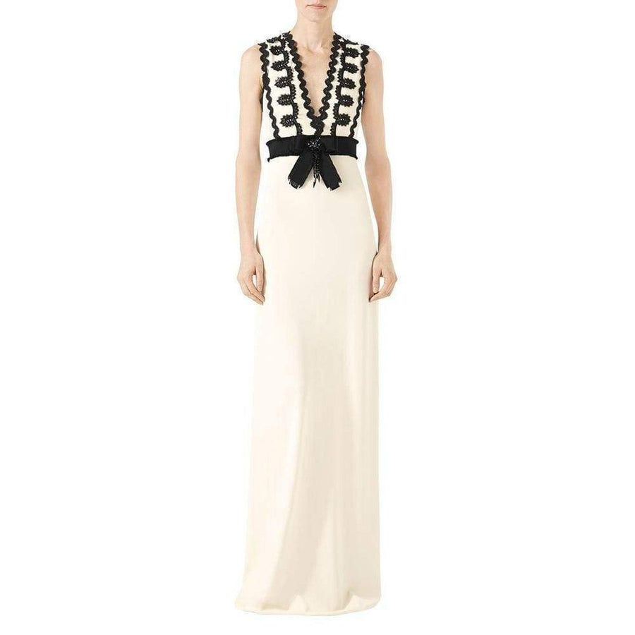 Gucci-Sleeveless Jersey V-Neck Gown with Lace Trim - Runway Catalog