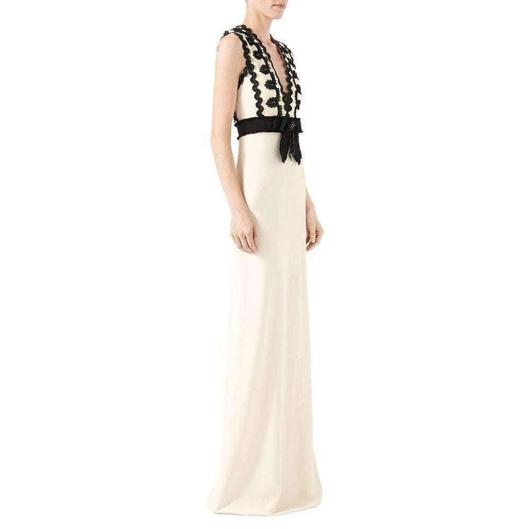 Sleeveless Jersey V-Neck Gown with Lace Trim