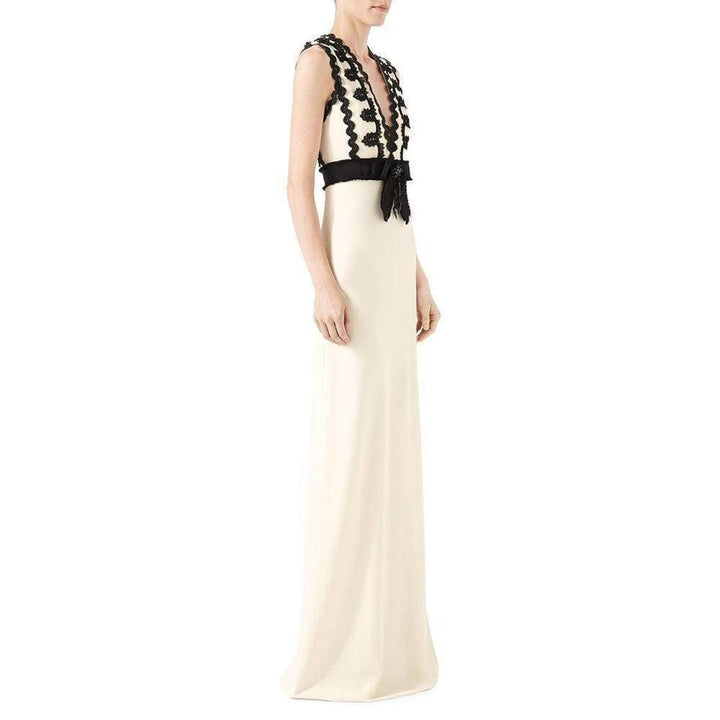 Sleeveless Jersey V-Neck Gown with Lace Trim