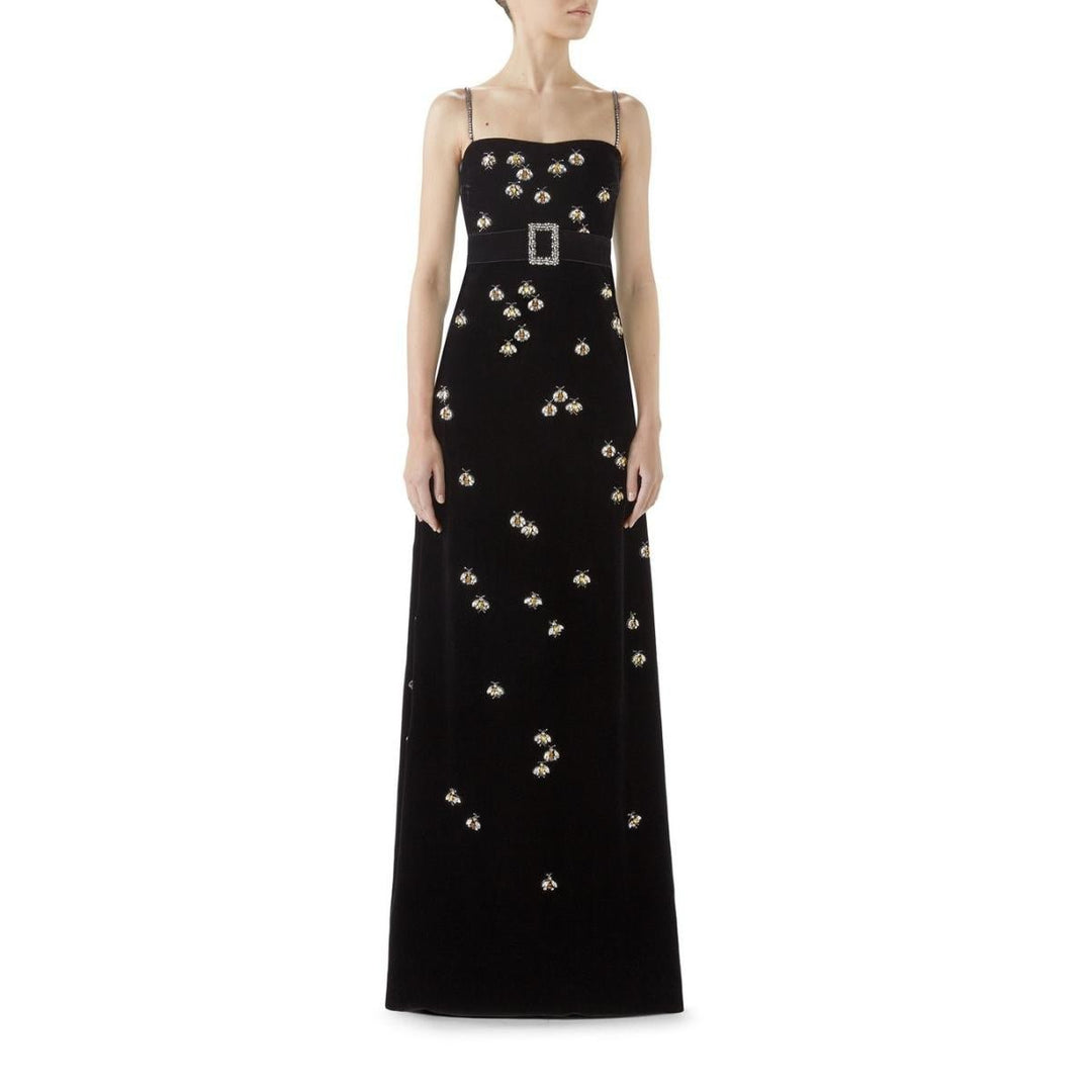 Gucci-Spaghetti Strap Velvet Bee Embroidered Gown - Runway Catalog
