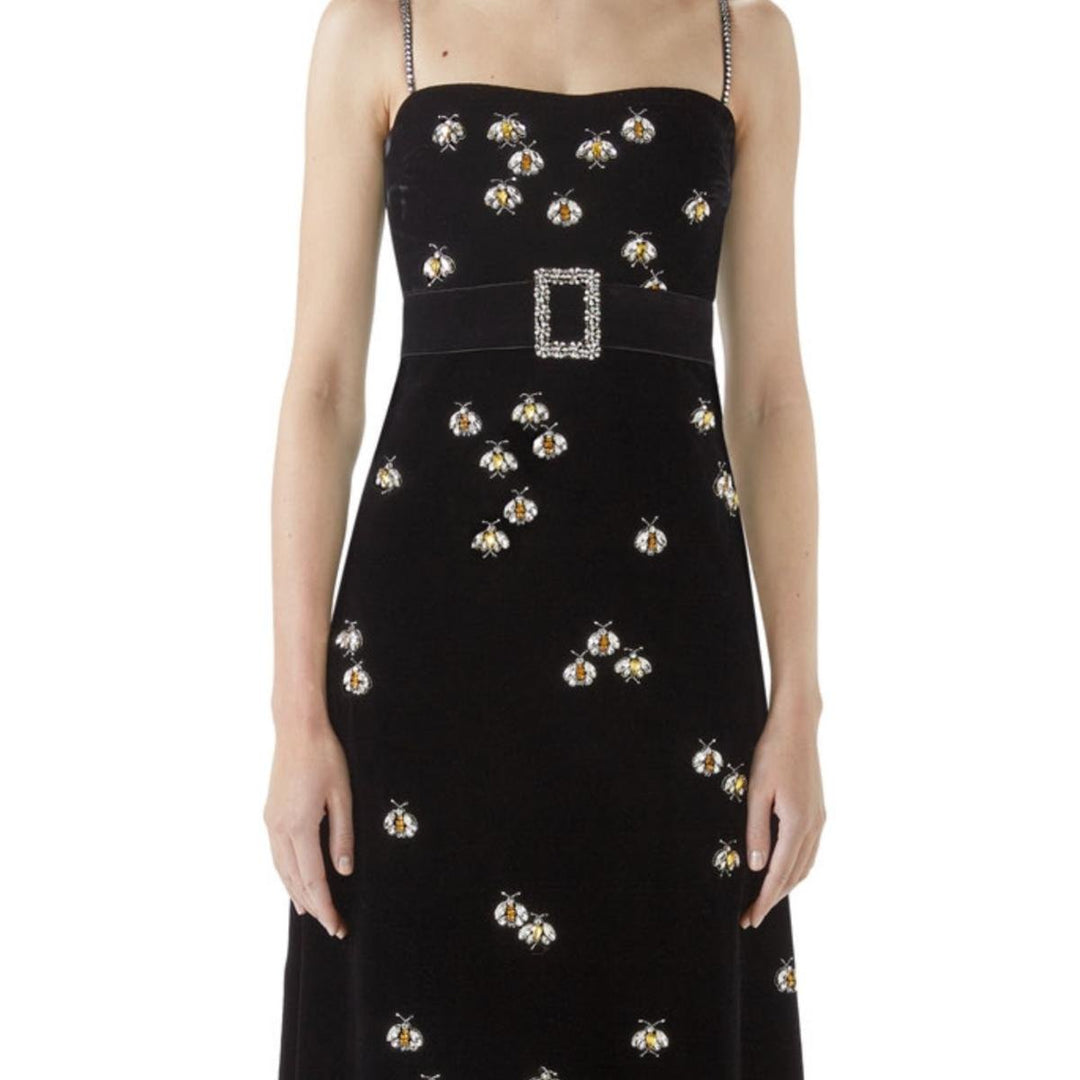 Spaghetti Strap Velvet Bee Embroidered Gown