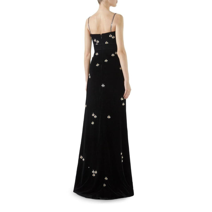 Spaghetti Strap Velvet Bee Embroidered Gown