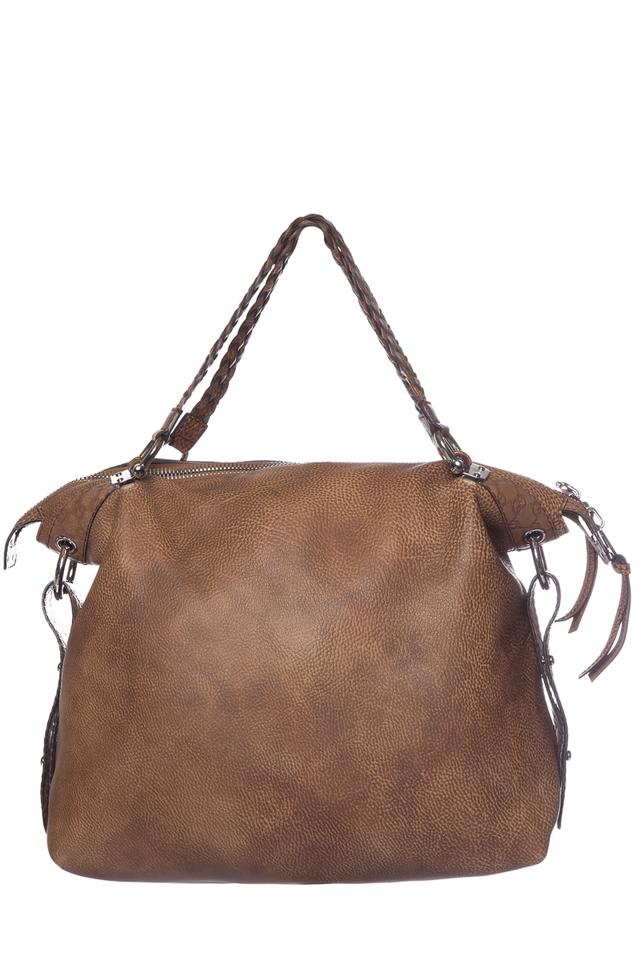 G*G Tassel Pebbled Bamboo Bar Large Tan Leather Tote