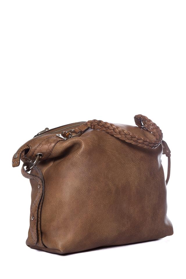 G*G Tassel Pebbled Bamboo Bar Large Tan Leather Tote
