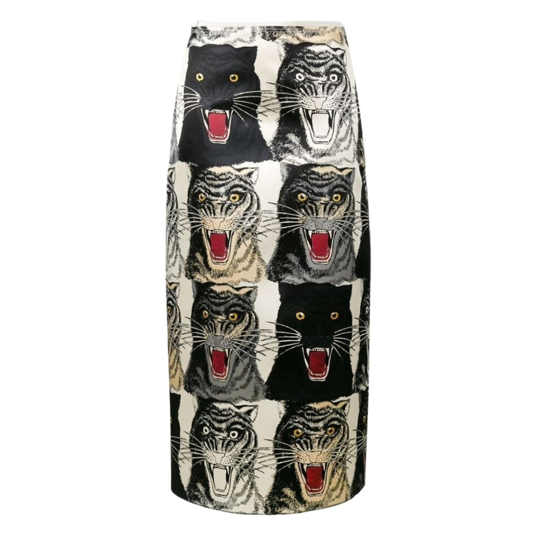 Gucci-Tiger Face Print Silk A-line Skirt - Runway Catalog