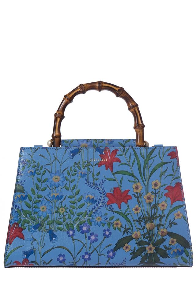 G*G Top Bag Nymphaea Multi Color Flora Handle Sky Blue Leather Tote