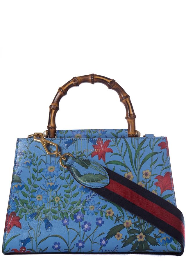 G*G Top Bag Nymphaea Multi Color Flora Handle Sky Blue Leather Tote