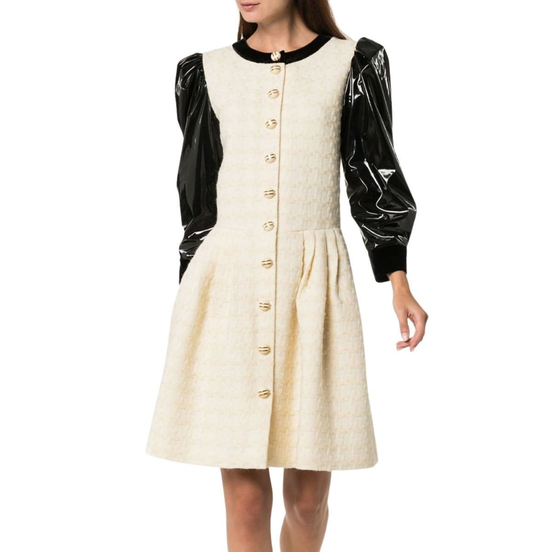 Vinyl-Sleeve Flared Mini Dress