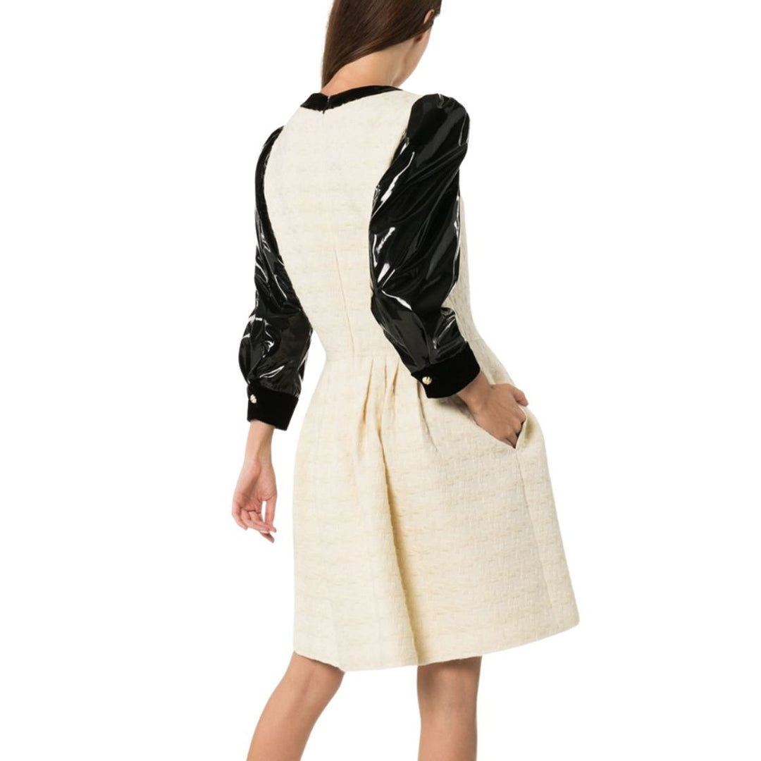Vinyl-Sleeve Flared Mini Dress
