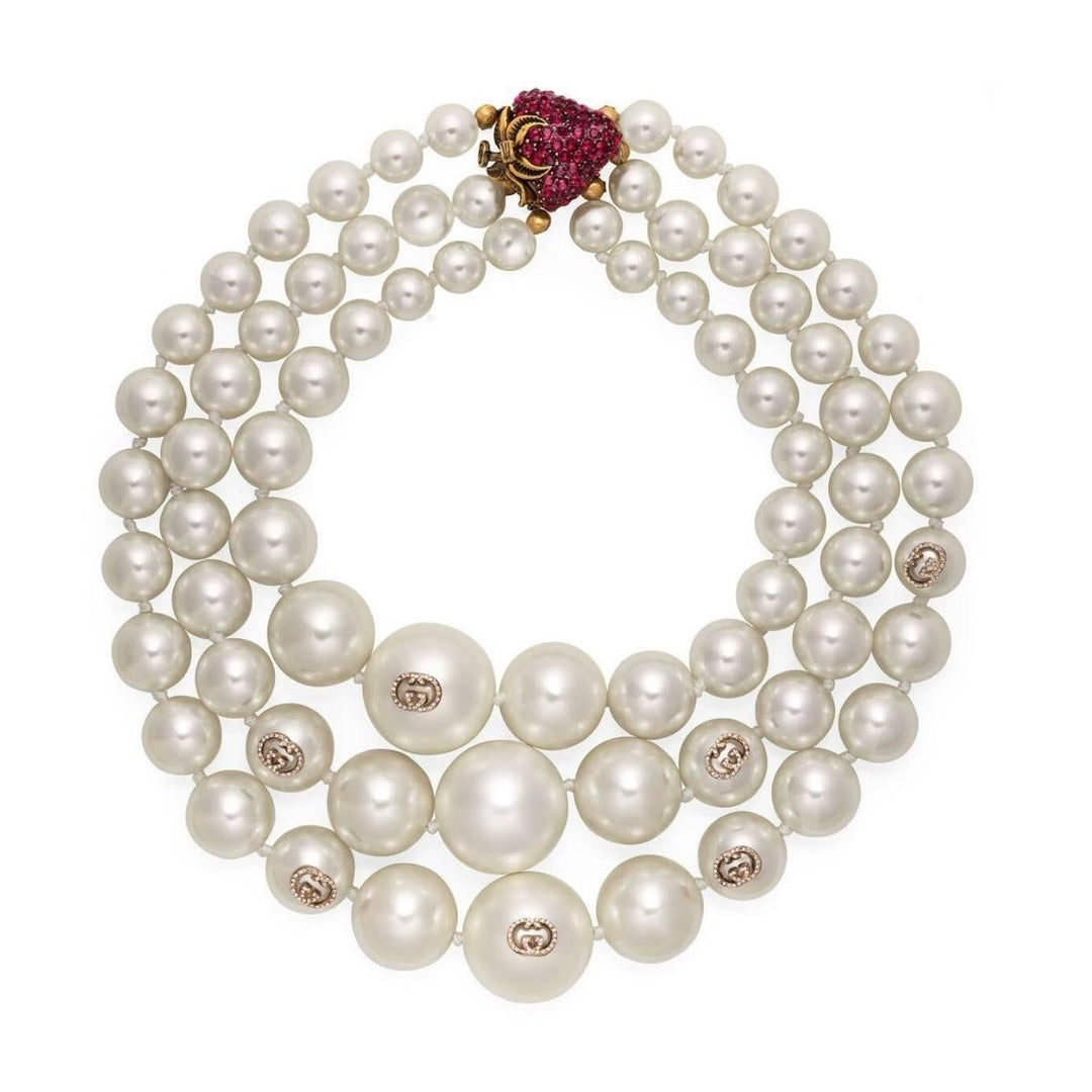 Gucci-White Three Layered Pearl Necklace - Runway Catalog