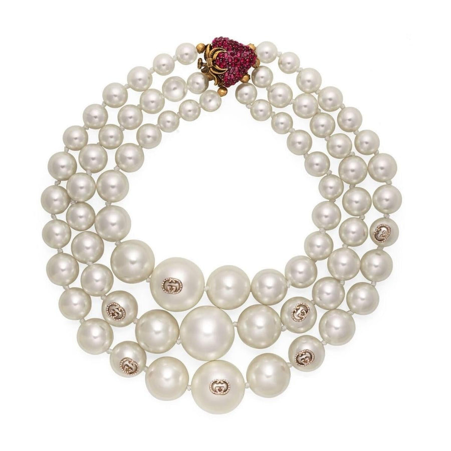 Gucci-White Three Layered Pearl Necklace - Runway Catalog