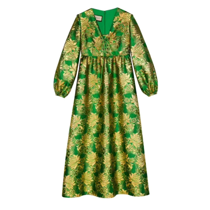 Gucci-Wool Lamé Floral Jacquard Dress - Runway Catalog