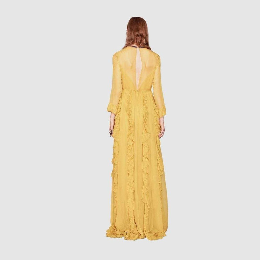 Yellow Silk Chiffon Embroidered Gown
