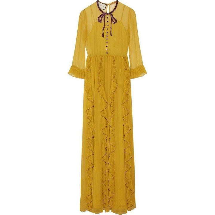 Gucci-Yellow Silk Chiffon Embroidered Gown - Runway Catalog