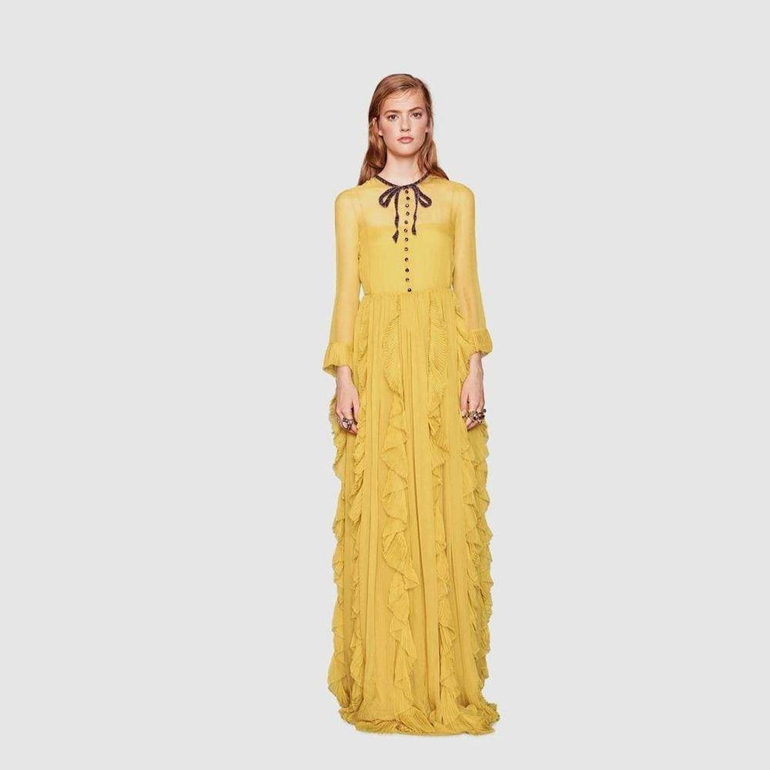 Yellow Silk Chiffon Embroidered Gown