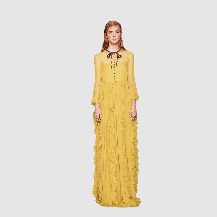 Yellow Silk Chiffon Embroidered Gown