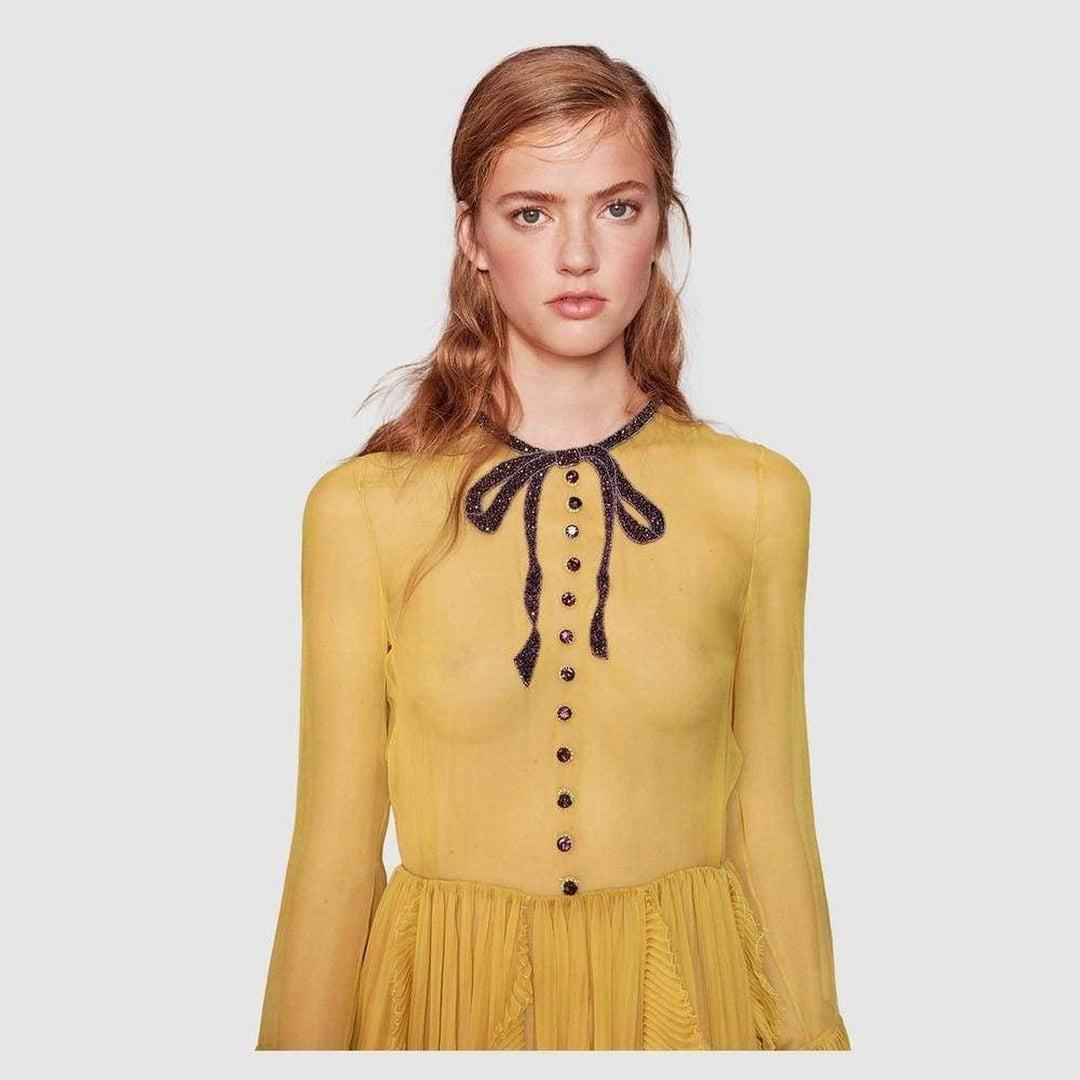 Yellow Silk Chiffon Embroidered Gown