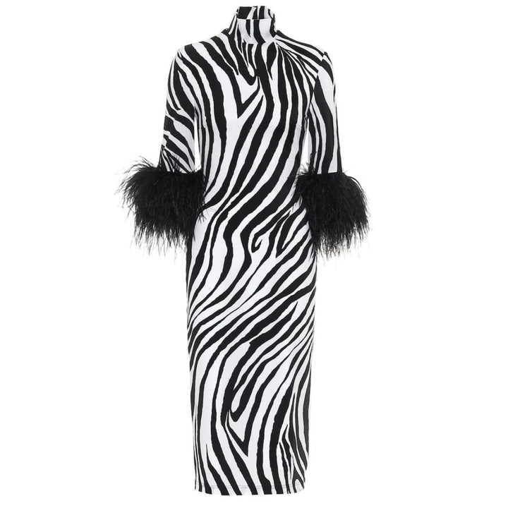 Highneck Feather-Sleeve Midi Sheath Dress