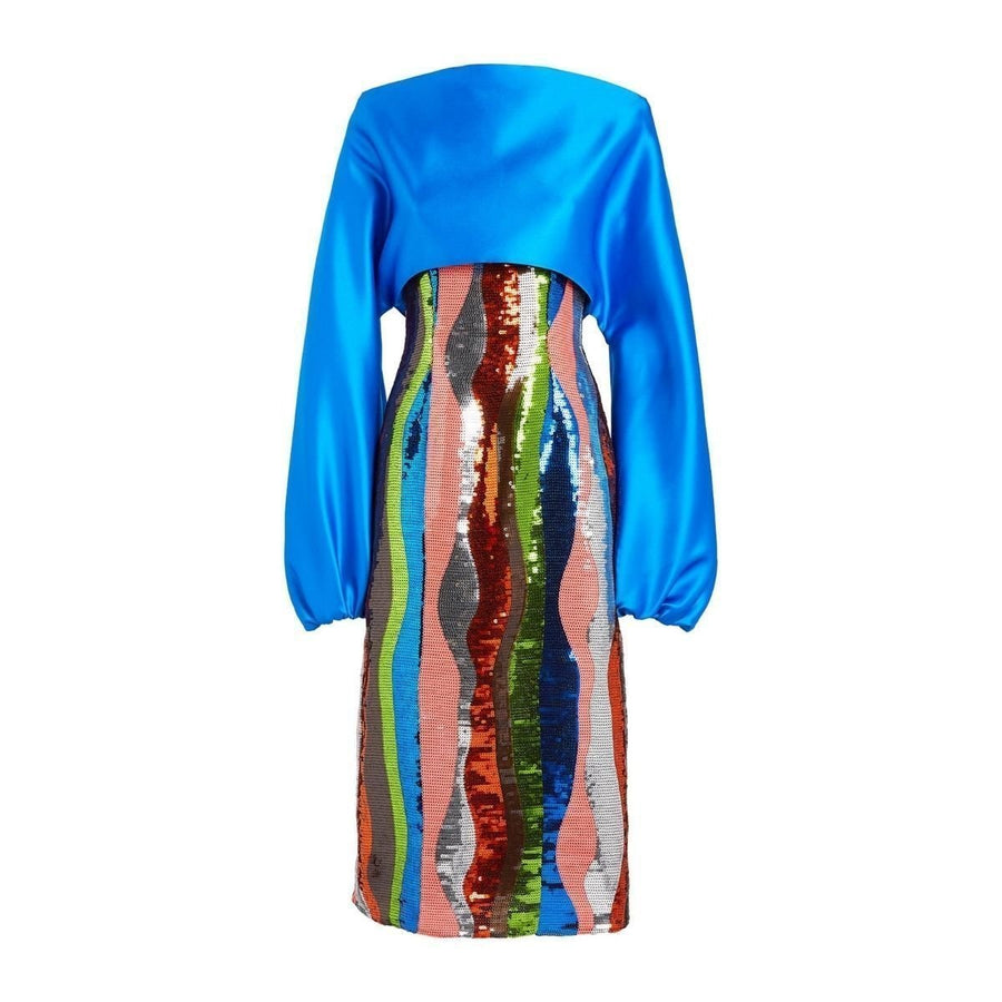 Halpern-Sequin Wiggle-Stripe Blouson-Sleeve Midi Dress - Runway Catalog
