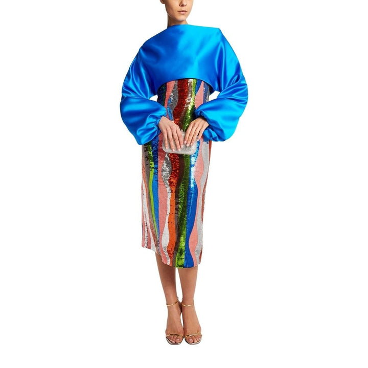Sequin Wiggle-Stripe Blouson-Sleeve Midi Dress