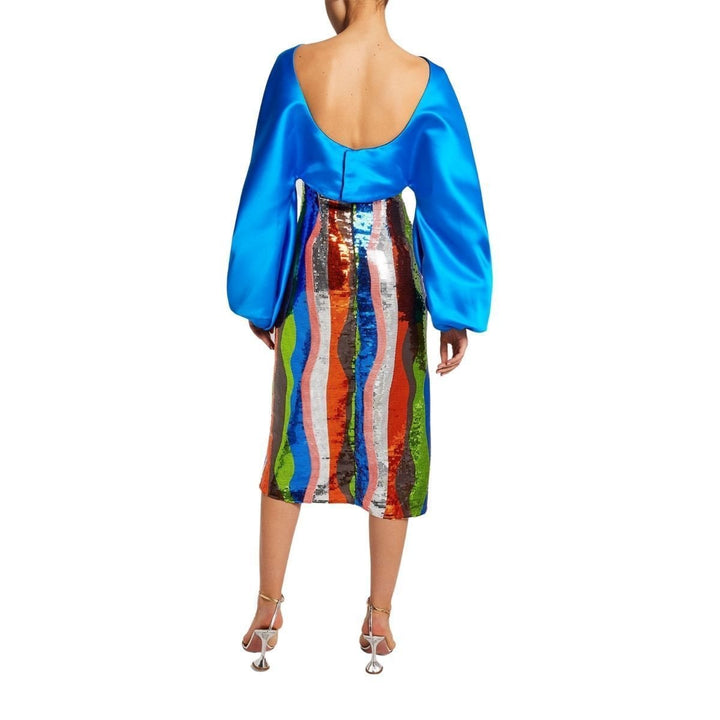 Sequin Wiggle-Stripe Blouson-Sleeve Midi Dress