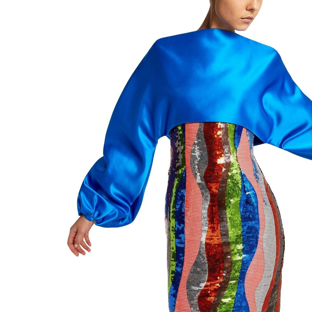 Sequin Wiggle-Stripe Blouson-Sleeve Midi Dress