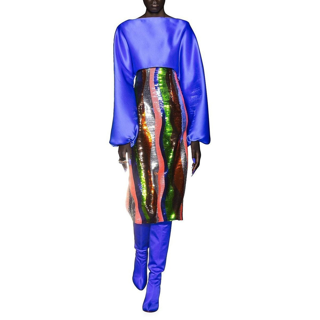 Sequin Wiggle-Stripe Blouson-Sleeve Midi Dress