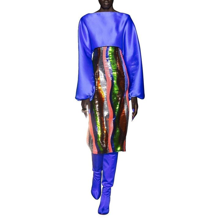 Sequin Wiggle-Stripe Blouson-Sleeve Midi Dress